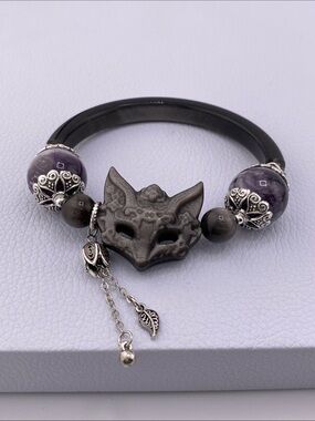 Natural Black Obsidian Half Bangle Multi-Gemstone Stretch Bracelet